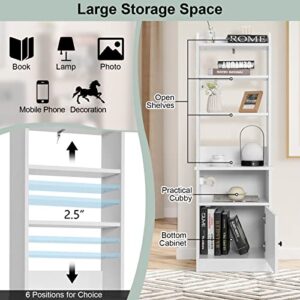 GOFLAME Nightstand with Charging Station and USB Ports, 56” Tall Bedside Table with Adjustable Open Shelves, Storage Cabinet, End Table Sofa Side Table with Bookcase for Home Office (White)