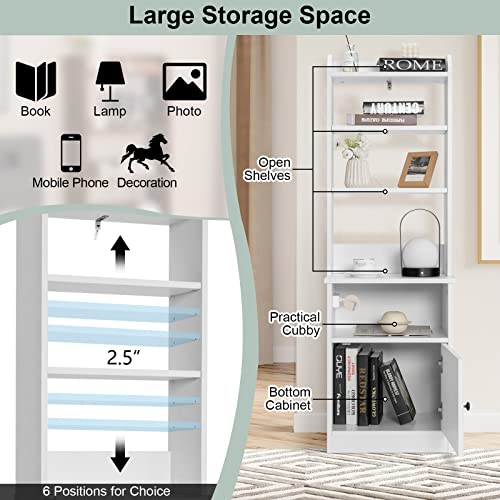 GOFLAME Nightstand with Charging Station and USB Ports, 56” Tall Bedside Table with Adjustable Open Shelves, Storage Cabinet, End Table Sofa Side Table with Bookcase for Home Office (White)