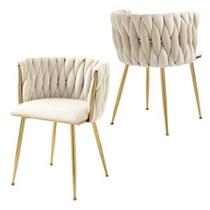 upholstered velvet dining chairs set of 2, modern living room chair with woven back and golden metal legs, mid-century accent side chair for dining room, living room, kitchen, vanity room, ivory