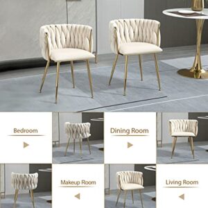 Upholstered Velvet Dining Chairs Set of 2, Modern Living Room Chair with Woven Back and Golden Metal Legs, Mid-Century Accent Side Chair for Dining Room, Living Room, Kitchen, Vanity Room, Ivory