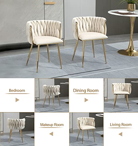 Upholstered Velvet Dining Chairs Set of 2, Modern Living Room Chair with Woven Back and Golden Metal Legs, Mid-Century Accent Side Chair for Dining Room, Living Room, Kitchen, Vanity Room, Ivory