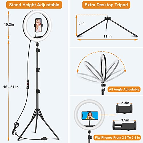 10.2" Selfie Ring Light with Stand and Phone Holder, Desk Tripod, 29 RGB Lighting Modes, Remote for iPhone &Android Camera. LED Halo Light for Photo, Video Recording, TikTok. Circle Ringlight Dimmable