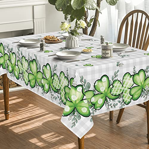 Horaldaily St. Patrick's Day Tablecloth 60x84 Inch, Buffalo Plaid Shamrock Eucalyptus Table Cover for Party Picnic Dinner Decor