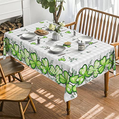 Horaldaily St. Patrick's Day Tablecloth 60x84 Inch, Buffalo Plaid Shamrock Eucalyptus Table Cover for Party Picnic Dinner Decor