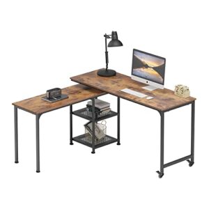 sogeshome 55'' rotatable laptop table with 2-lockable wheels, 360° rota-table l-shaped computer desk workstation, home office computer desk with 2-tier storage shelves for home office, vintage oak