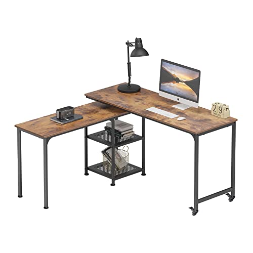 SogesHome 55'' Rotatable Laptop Table with 2-Lockable Wheels, 360° Rota-Table L-Shaped Computer Desk Workstation, Home Office Computer Desk with 2-Tier Storage Shelves for Home Office, Vintage Oak