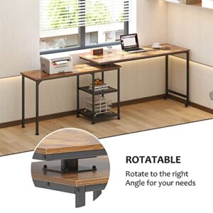 SogesHome 55'' Rotatable Laptop Table with 2-Lockable Wheels, 360° Rota-Table L-Shaped Computer Desk Workstation, Home Office Computer Desk with 2-Tier Storage Shelves for Home Office, Vintage Oak