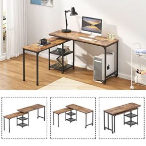 SogesHome 55'' Rotatable Laptop Table with 2-Lockable Wheels, 360° Rota-Table L-Shaped Computer Desk Workstation, Home Office Computer Desk with 2-Tier Storage Shelves for Home Office, Vintage Oak