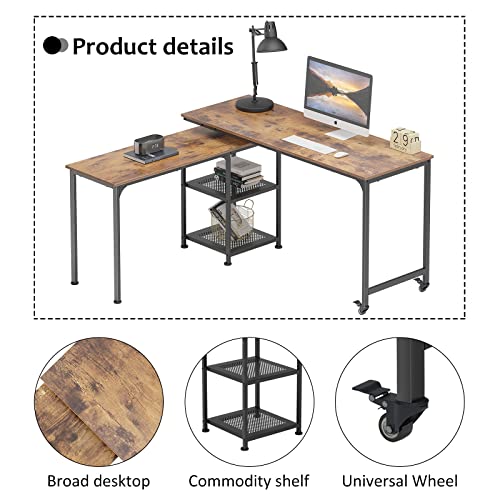 SogesHome 55'' Rotatable Laptop Table with 2-Lockable Wheels, 360° Rota-Table L-Shaped Computer Desk Workstation, Home Office Computer Desk with 2-Tier Storage Shelves for Home Office, Vintage Oak