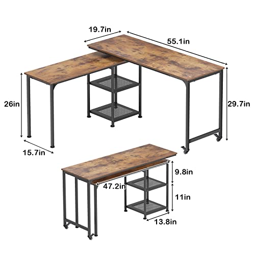 SogesHome 55'' Rotatable Laptop Table with 2-Lockable Wheels, 360° Rota-Table L-Shaped Computer Desk Workstation, Home Office Computer Desk with 2-Tier Storage Shelves for Home Office, Vintage Oak