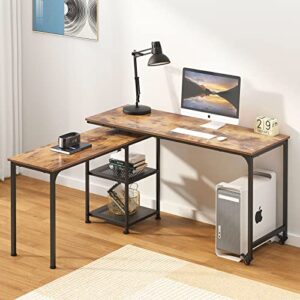 SogesHome 55'' Rotatable Laptop Table with 2-Lockable Wheels, 360° Rota-Table L-Shaped Computer Desk Workstation, Home Office Computer Desk with 2-Tier Storage Shelves for Home Office, Vintage Oak