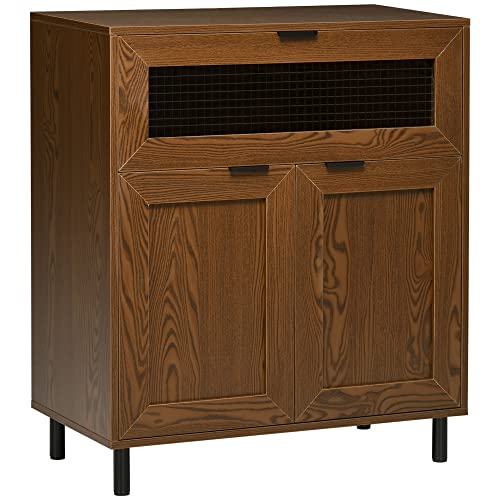 HOMCOM Sideboard Buffet Cabinet, Kitchen Cabinet with Metal Grid Flip Drawer, Adjustable Shelf, Accent Cabinet for Living Room, Walnut