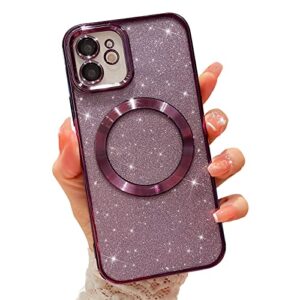 mgqiling compatible with iphone 11 magnetic glitter case, luxury plating cute bling clear phone case, compatible with magsafe for women girls with camera protector back cover - purple