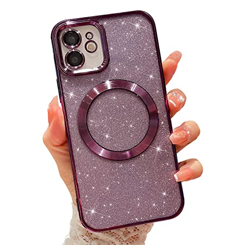 MGQILING Compatible with iPhone 11 Magnetic Glitter Case, Luxury Plating Cute Bling Clear Phone Case, Compatible with MagSafe for Women Girls with Camera Protector Back Cover - Purple