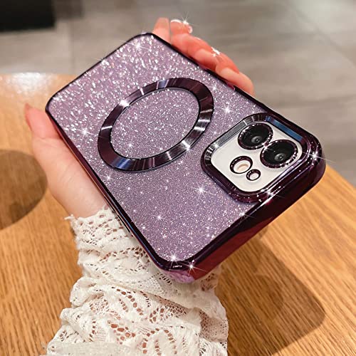 MGQILING Compatible with iPhone 11 Magnetic Glitter Case, Luxury Plating Cute Bling Clear Phone Case, Compatible with MagSafe for Women Girls with Camera Protector Back Cover - Purple