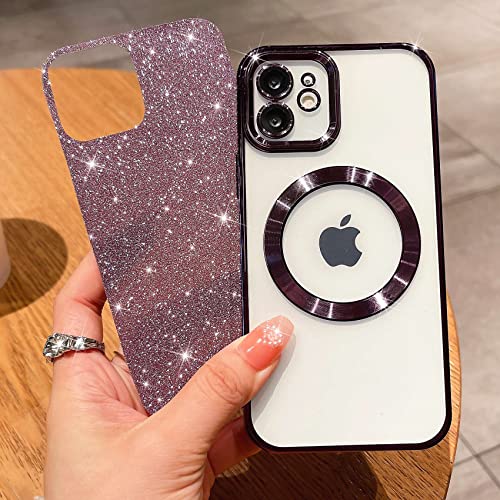 MGQILING Compatible with iPhone 11 Magnetic Glitter Case, Luxury Plating Cute Bling Clear Phone Case, Compatible with MagSafe for Women Girls with Camera Protector Back Cover - Purple