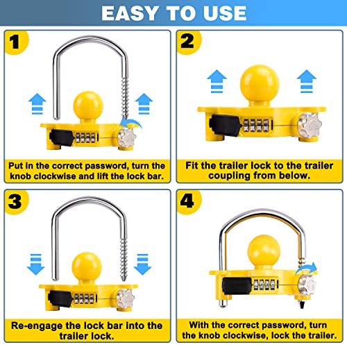 Aucurwen Trailer Hitch Locks, Trailer Locks Combination, Heavy-Duty Trailer Locks Ball Hitch, Security Towing Hitch Locks, Camper Accessories Fits for 1-7/8", 2", and 2-5/16" Couplers (Yellow)