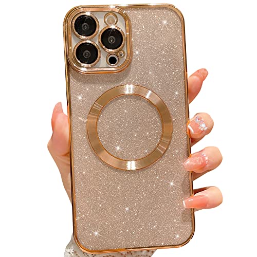 MGQILING Compatible with iPhone 12 Pro Magnetic Glitter Case, Luxury Plating Cute Bling Clear Phone Case, Compatible with MagSafe for Women Girls with Camera Protector Back Cover - Gold