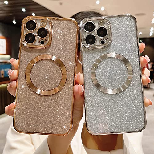 MGQILING Compatible with iPhone 12 Pro Magnetic Glitter Case, Luxury Plating Cute Bling Clear Phone Case, Compatible with MagSafe for Women Girls with Camera Protector Back Cover - Gold