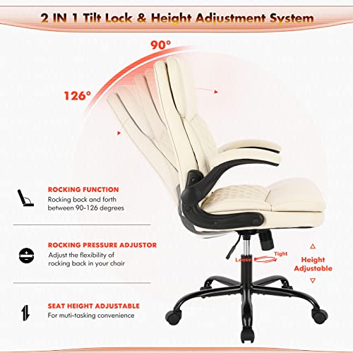 COLAMY Executive Office Chair-Ergonomic Home Office Chair, High Back Computer Chair with Flip-up Arms, Double Padded Thick Leather Office Chair for Comfort, Swivel Task Rolling Chair (Ivory, 300lbs)