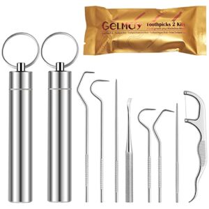 toothpicks pocket set, dental floss picks kit reusable, stainless steel teeth cleaning tools, tooth picker oral hygiene travel (2 set)