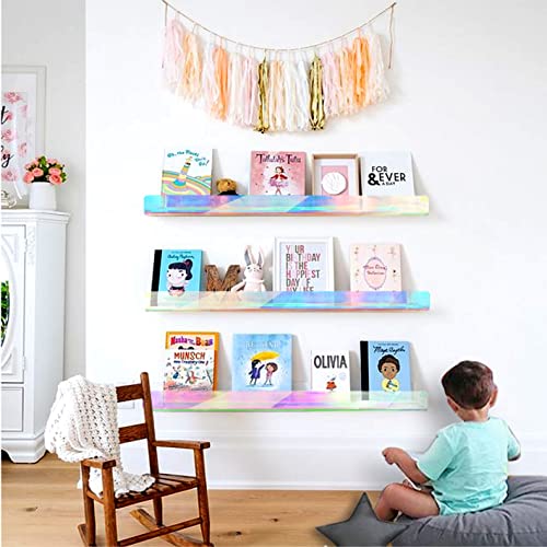 RORKIM 36 inches Iridescent Acrylic Floating Shelf,Wall Mounted Kids Bookshelf, Display Book Shelves for Kids Nursery Toddler Classroom 2 Packs