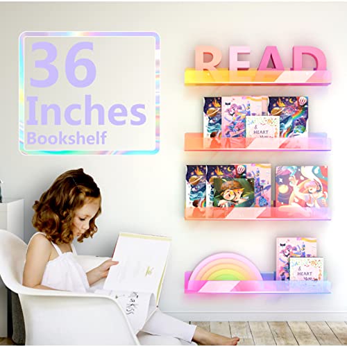 RORKIM 36 inches Iridescent Acrylic Floating Shelf,Wall Mounted Kids Bookshelf, Display Book Shelves for Kids Nursery Toddler Classroom 2 Packs