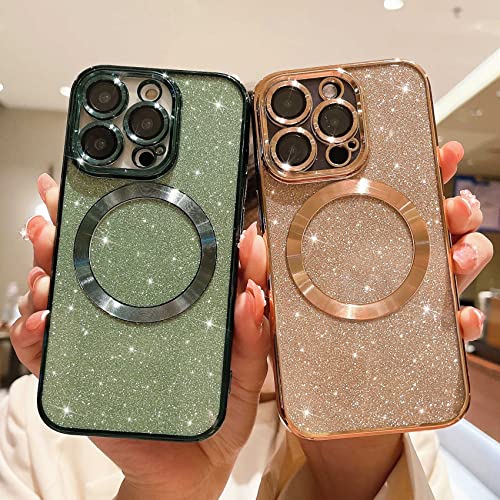 MGQILING Compatible with iPhone 13 Pro Magnetic Glitter Case, Luxury Plating Cute Bling Clear Phone Case, Compatible with MagSafe for Women Girls with Camera Protector Back Cover - Gold