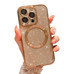 mgqiling compatible with iphone 13 pro magnetic glitter case, luxury plating cute bling clear phone case, compatible with magsafe for women girls with camera protector back cover - gold