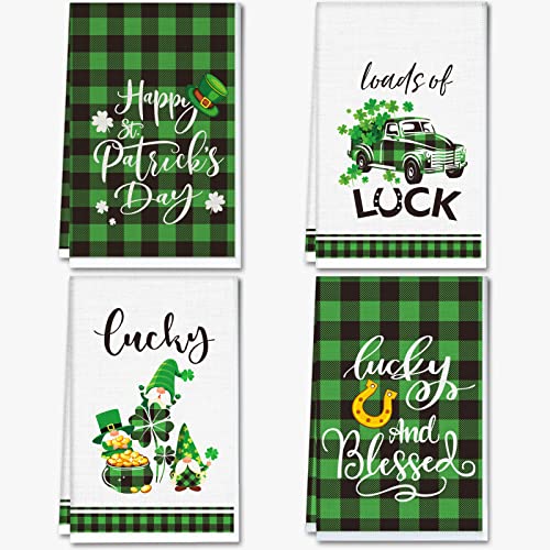 4PCS Saint Patrick Day Kitchen Towel Shamrock Seasonal Decorative Hand Towel Green Plaid Home Decor Dish Towels Shamrock Bath Towels 15.75 * 23.62inch Irish Decorative Dishcloth for Cooking Baking