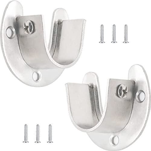 2Pcs 1-1/4" (32mm) Closet Rod Bracket with Screws, Stainless Steel U-Shaped Closet Rod End Support Flange Rod Holder, Silver