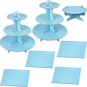 7 pieces cake stand set 3-tier cardboard cupcake stand 1-tier cake stand round dessert stand rectangle serving tray reusable platters cupcake holders for desserts birthday party (sky blue)