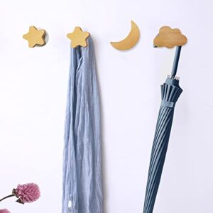 ANYU Wooden Coat Hooks Wall Mounted, Moon Star Cloud Shape Wood Wall Hooks Vintage Hangers for Hat, Towel, Key (Beech Wood)