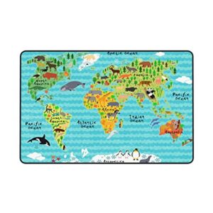 Soft Area Rugs Animal Map Of The World With Waves Kids Floor Rug Nursery Throw Rugs Kitchen Doormats Children Carpets Boys Girls Playmat Yoga Mat Bedside Rug for Bedroom Playing Living Room,72X48 inch