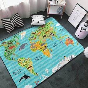 Soft Area Rugs Animal Map Of The World With Waves Kids Floor Rug Nursery Throw Rugs Kitchen Doormats Children Carpets Boys Girls Playmat Yoga Mat Bedside Rug for Bedroom Playing Living Room,72X48 inch