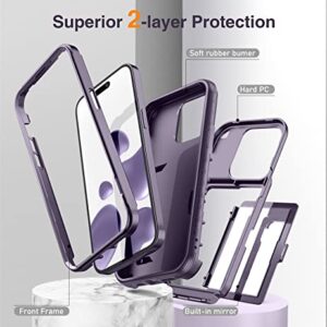 WeLoveCase iPhone 14 Pro Case for Women, Men Defender Credit Card Holder Cover with Hidden Mirror, Three Layer Shockproof Heavy Duty Protection Case for iPhone 14 Pro 6.1'' Deep Purple