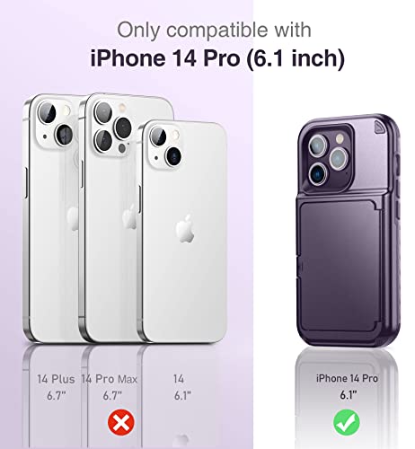 WeLoveCase iPhone 14 Pro Case for Women, Men Defender Credit Card Holder Cover with Hidden Mirror, Three Layer Shockproof Heavy Duty Protection Case for iPhone 14 Pro 6.1'' Deep Purple