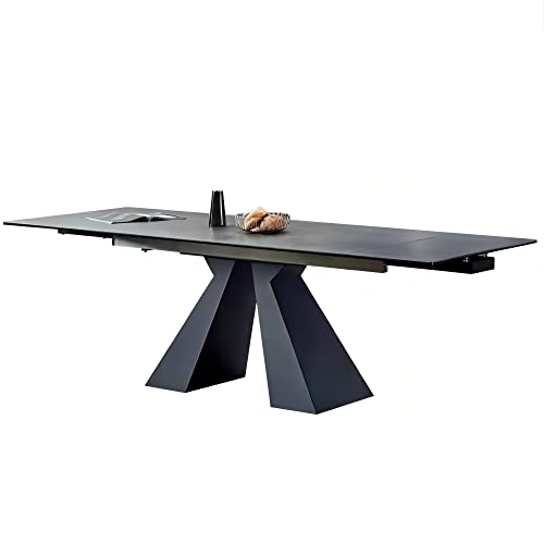 Expandable Dining Table for 6-10 Seat, Flexible Stretch, Tabletop Made from Rock Plate and Tempered Glass, Solid Carbon Steel Base, 35.4" D x 94.5" W x 30" H, Dark Grey