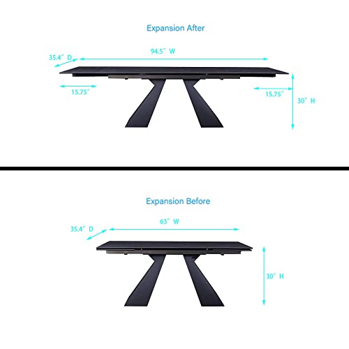 Expandable Dining Table for 6-10 Seat, Flexible Stretch, Tabletop Made from Rock Plate and Tempered Glass, Solid Carbon Steel Base, 35.4" D x 94.5" W x 30" H, Dark Grey
