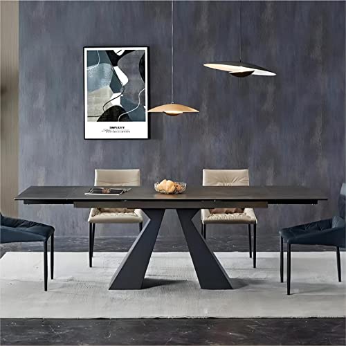 Expandable Dining Table for 6-10 Seat, Flexible Stretch, Tabletop Made from Rock Plate and Tempered Glass, Solid Carbon Steel Base, 35.4" D x 94.5" W x 30" H, Dark Grey