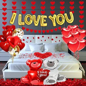 anniversary decorations, i love you balloons and heart balloons kit with 1000pcs artificial rose petals and 4pack red heart garland for valentine day romantic special night anniversary decorations