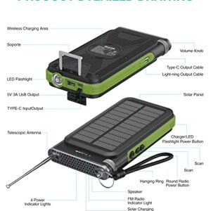 BLAVOR Solar Power Bank with FM Radio,Portable Wireless Charger 20000mAh External Battery Pack 15W QC 3.0 Fast Charging,Bright Flashlight, Compatible with Smartphones and All USB Devices (Green)