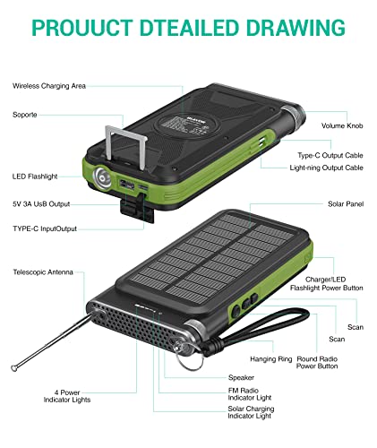 BLAVOR Solar Power Bank with FM Radio,Portable Wireless Charger 20000mAh External Battery Pack 15W QC 3.0 Fast Charging,Bright Flashlight, Compatible with Smartphones and All USB Devices (Green)