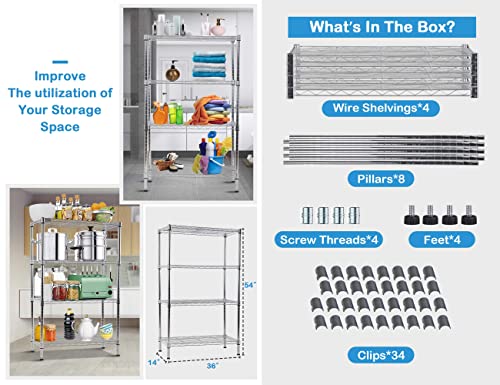 Storage Shelves, 4-Tier Heavy Duty Kitchen Shelves, NSF Certified Height Adjustable Metal Shelf Organizer for Laundry Bathroom Kitchen Office Pantry Organization 1000 LBS Capacity 36"Lx14"Wx54"H