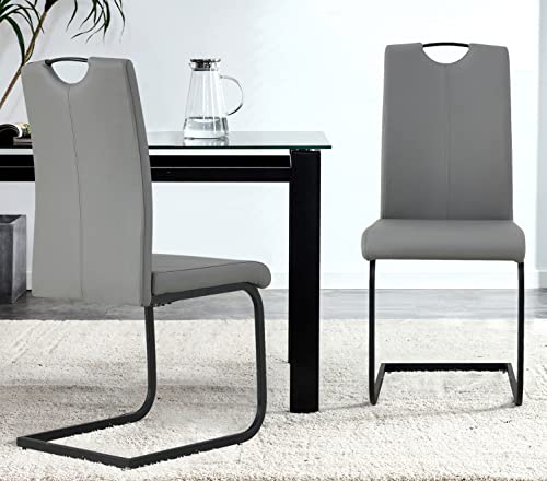 Modern Dining Chairs, PU Leather Side Dining Room Chairs Set of 2, Upholstered Kitchen Chairs with Padded Seat, High Back Accent Chairs with Metal Base for Dining Room, Waiting, Living Room Grey