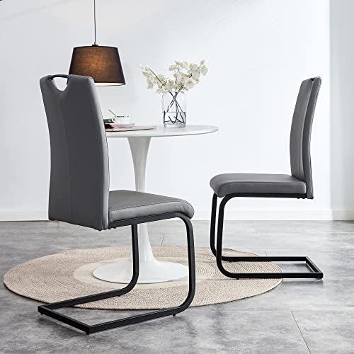 Modern Dining Chairs, PU Leather Side Dining Room Chairs Set of 2, Upholstered Kitchen Chairs with Padded Seat, High Back Accent Chairs with Metal Base for Dining Room, Waiting, Living Room Grey