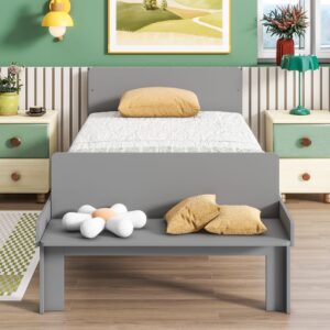 Kids Bed Twin Size, Wood Platform Bed with Headboard and Footboard Bench, Wooden Twin Bed Frame with Slats Support for Boys Girls, No Box Spring Needed, Gray