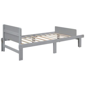 Kids Bed Twin Size, Wood Platform Bed with Headboard and Footboard Bench, Wooden Twin Bed Frame with Slats Support for Boys Girls, No Box Spring Needed, Gray