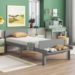 Kids Bed Twin Size, Wood Platform Bed with Headboard and Footboard Bench, Wooden Twin Bed Frame with Slats Support for Boys Girls, No Box Spring Needed, Gray