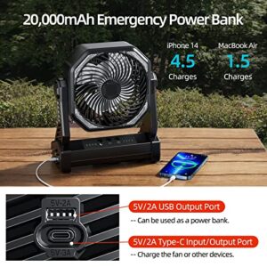 20000mah Remote Camping Fan With Light, Rechargeable Outdoor Tent Fan, Hanging Hook for Tent Travel Car Jobsite Outdoor Fishing Hurricane Worksite